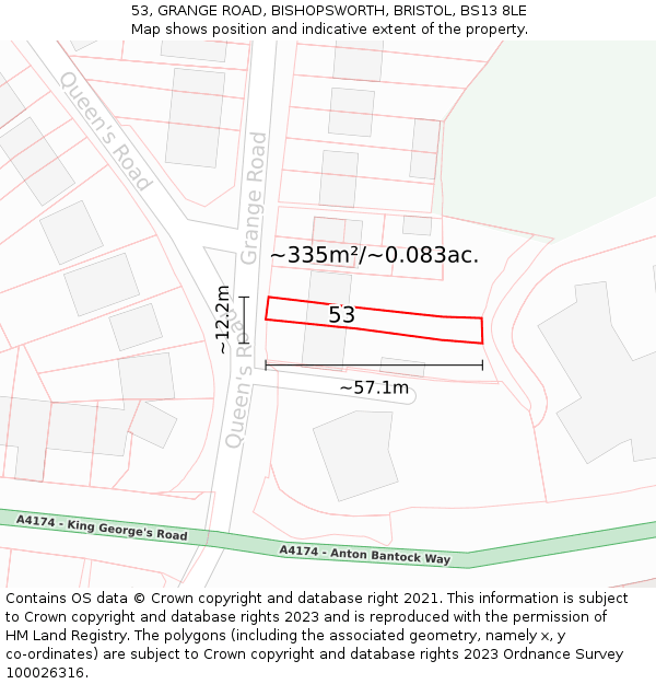 53, GRANGE ROAD, BISHOPSWORTH, BRISTOL, BS13 8LE: Plot and title map