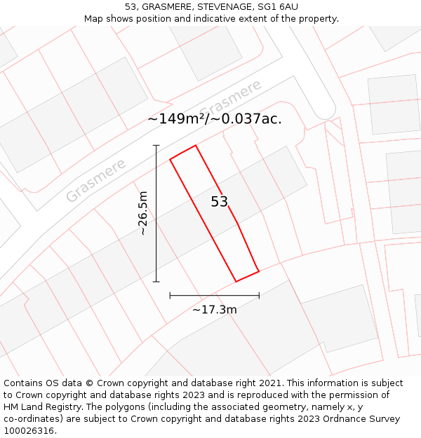 53, GRASMERE, STEVENAGE, SG1 6AU: Plot and title map