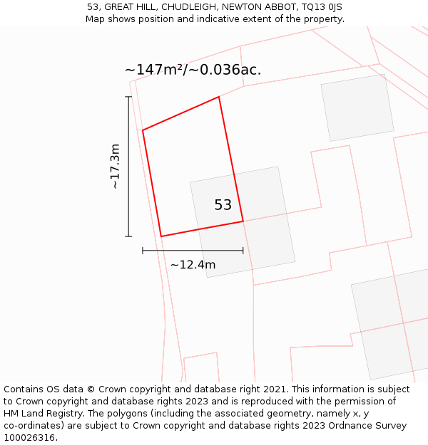 53, GREAT HILL, CHUDLEIGH, NEWTON ABBOT, TQ13 0JS: Plot and title map