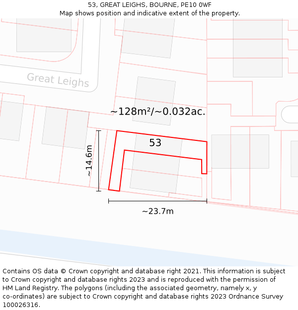 53, GREAT LEIGHS, BOURNE, PE10 0WF: Plot and title map