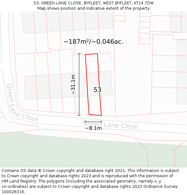 53, GREEN LANE CLOSE, BYFLEET, WEST BYFLEET, KT14 7DW: Plot and title map