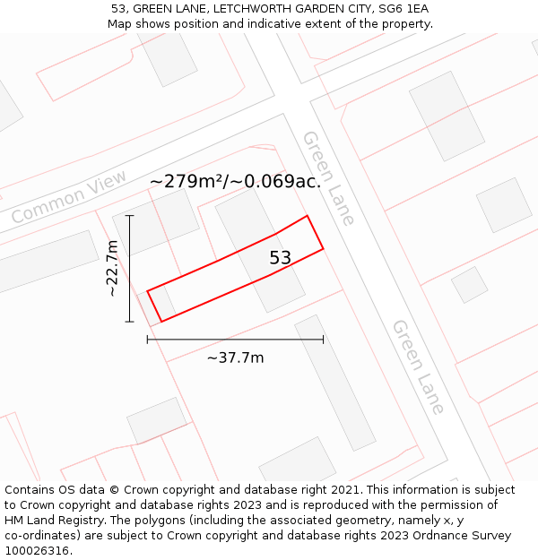 53, GREEN LANE, LETCHWORTH GARDEN CITY, SG6 1EA: Plot and title map