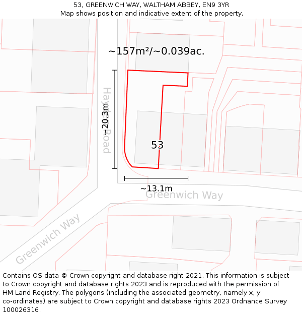 53, GREENWICH WAY, WALTHAM ABBEY, EN9 3YR: Plot and title map