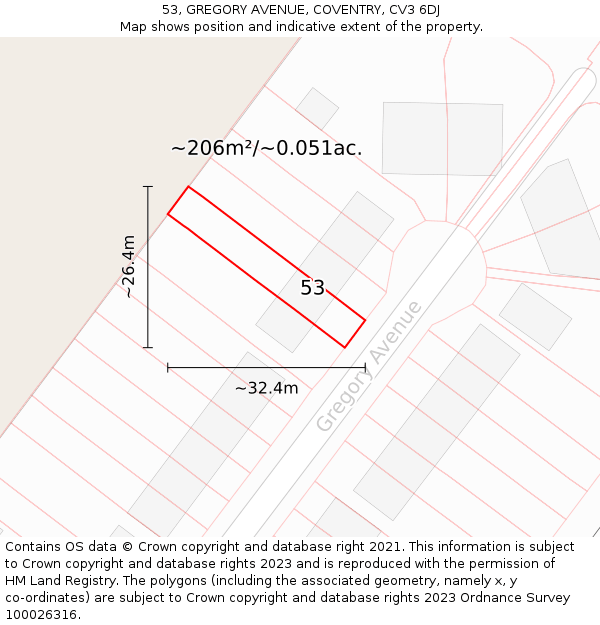 53, GREGORY AVENUE, COVENTRY, CV3 6DJ: Plot and title map