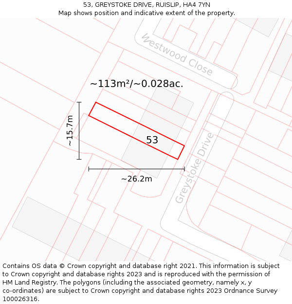 53, GREYSTOKE DRIVE, RUISLIP, HA4 7YN: Plot and title map