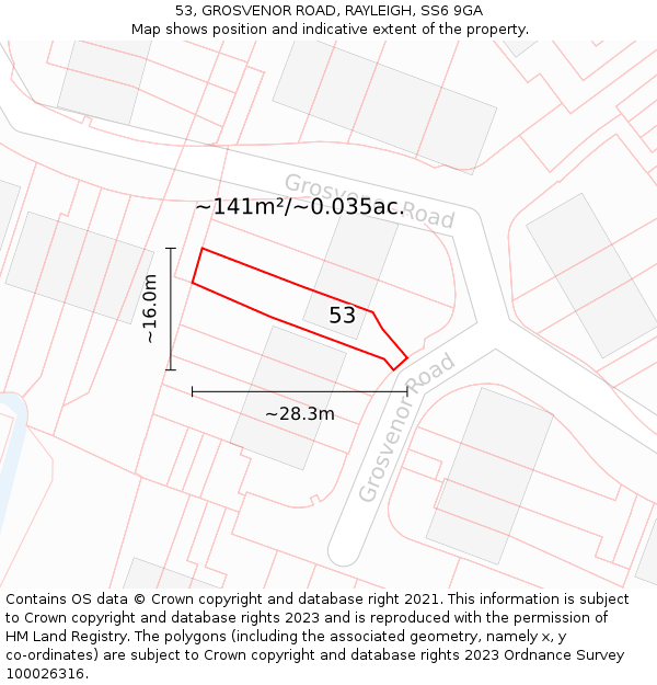 53, GROSVENOR ROAD, RAYLEIGH, SS6 9GA: Plot and title map