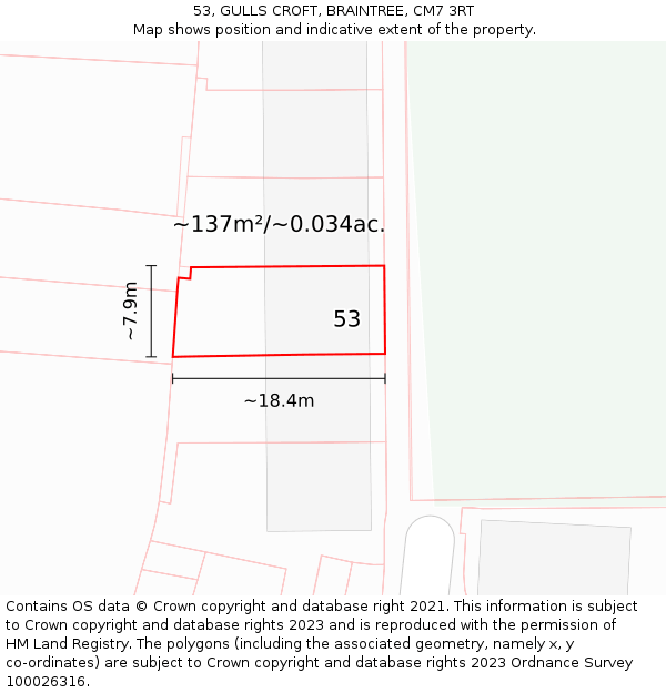 53, GULLS CROFT, BRAINTREE, CM7 3RT: Plot and title map