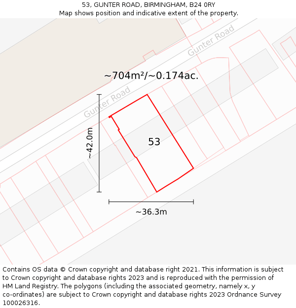 53, GUNTER ROAD, BIRMINGHAM, B24 0RY: Plot and title map
