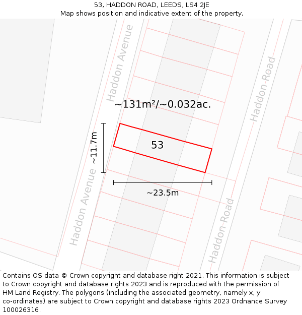 53, HADDON ROAD, LEEDS, LS4 2JE: Plot and title map