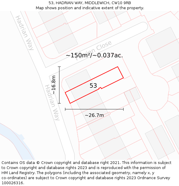 53, HADRIAN WAY, MIDDLEWICH, CW10 9RB: Plot and title map