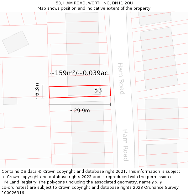 53, HAM ROAD, WORTHING, BN11 2QU: Plot and title map