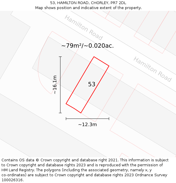 53, HAMILTON ROAD, CHORLEY, PR7 2DL: Plot and title map
