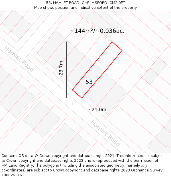 53, HAMLET ROAD, CHELMSFORD, CM2 0ET: Plot and title map