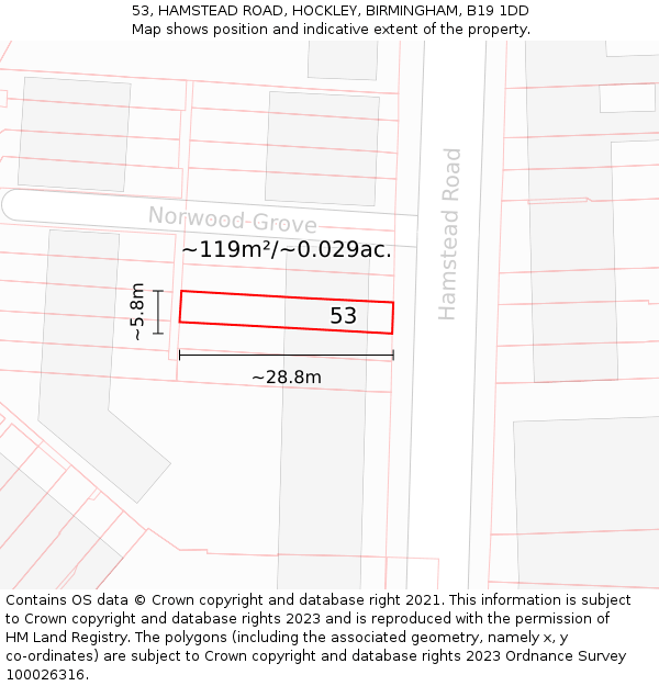 53, HAMSTEAD ROAD, HOCKLEY, BIRMINGHAM, B19 1DD: Plot and title map