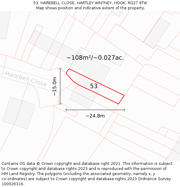 53, HAREBELL CLOSE, HARTLEY WINTNEY, HOOK, RG27 8TW: Plot and title map