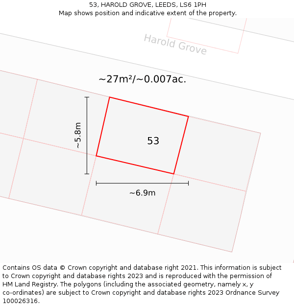 53, HAROLD GROVE, LEEDS, LS6 1PH: Plot and title map