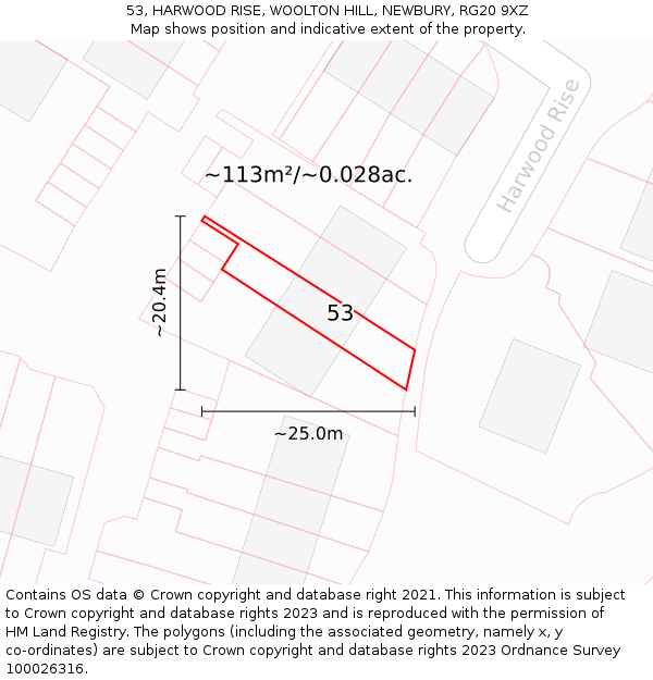 53, HARWOOD RISE, WOOLTON HILL, NEWBURY, RG20 9XZ: Plot and title map
