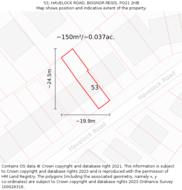 53, HAVELOCK ROAD, BOGNOR REGIS, PO21 2HB: Plot and title map