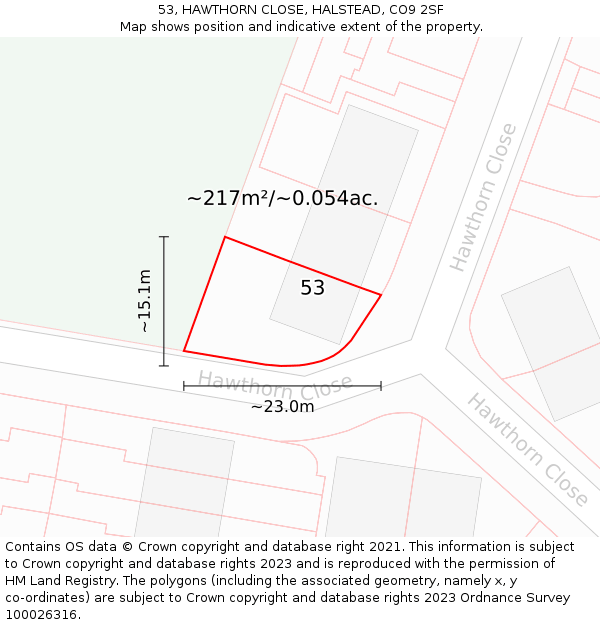 53, HAWTHORN CLOSE, HALSTEAD, CO9 2SF: Plot and title map
