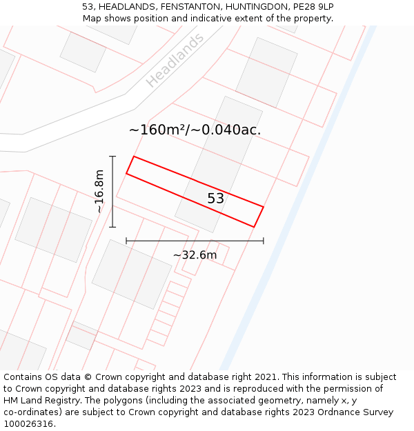 53, HEADLANDS, FENSTANTON, HUNTINGDON, PE28 9LP: Plot and title map