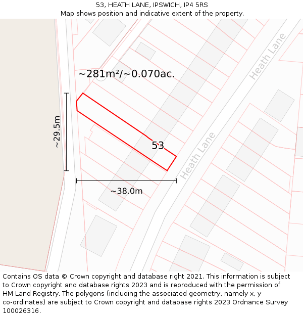 53, HEATH LANE, IPSWICH, IP4 5RS: Plot and title map