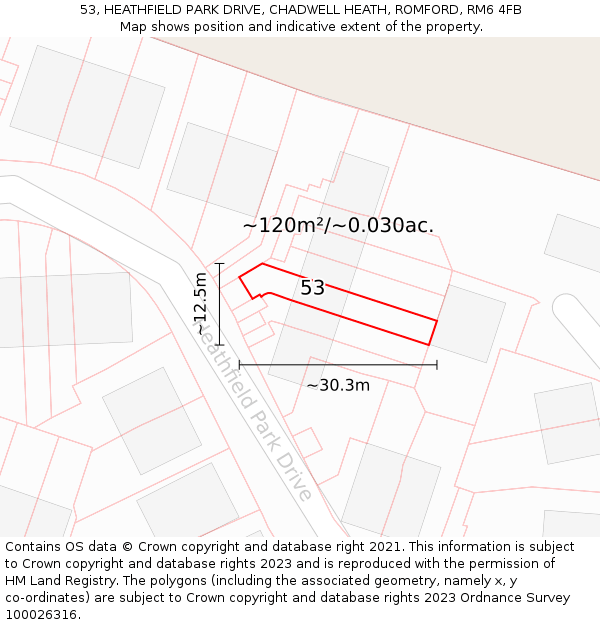 53, HEATHFIELD PARK DRIVE, CHADWELL HEATH, ROMFORD, RM6 4FB: Plot and title map