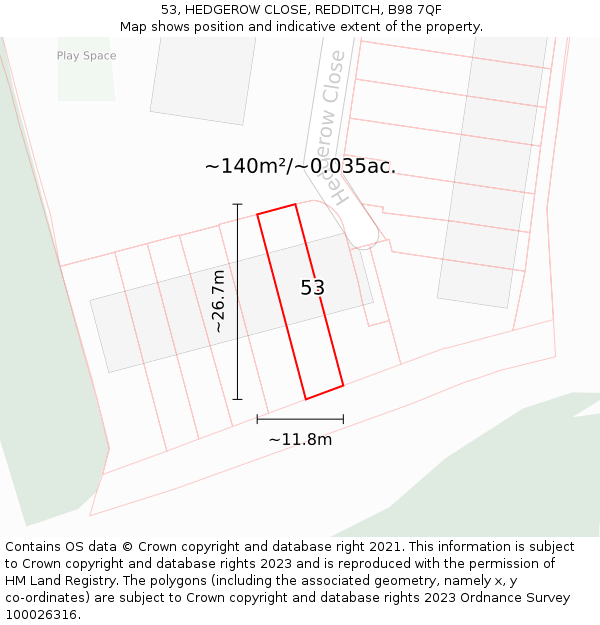 53, HEDGEROW CLOSE, REDDITCH, B98 7QF: Plot and title map