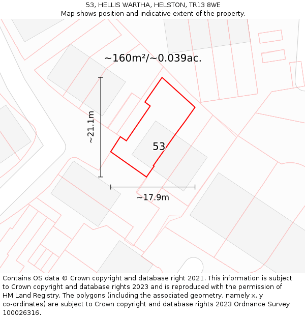 53, HELLIS WARTHA, HELSTON, TR13 8WE: Plot and title map