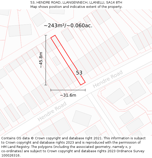 53, HENDRE ROAD, LLANGENNECH, LLANELLI, SA14 8TH: Plot and title map