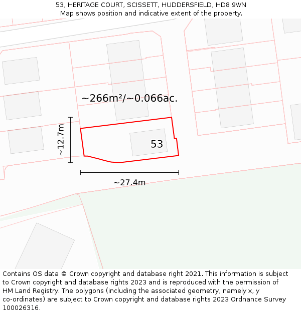 53, HERITAGE COURT, SCISSETT, HUDDERSFIELD, HD8 9WN: Plot and title map