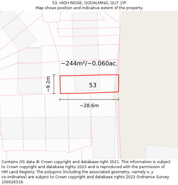 53, HIGH RIDGE, GODALMING, GU7 1YF: Plot and title map