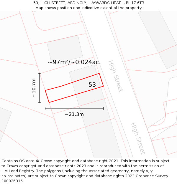 53, HIGH STREET, ARDINGLY, HAYWARDS HEATH, RH17 6TB: Plot and title map