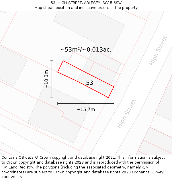 53, HIGH STREET, ARLESEY, SG15 6SW: Plot and title map