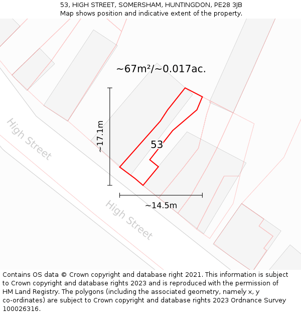 53, HIGH STREET, SOMERSHAM, HUNTINGDON, PE28 3JB: Plot and title map