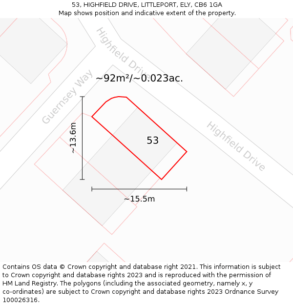 53, HIGHFIELD DRIVE, LITTLEPORT, ELY, CB6 1GA: Plot and title map