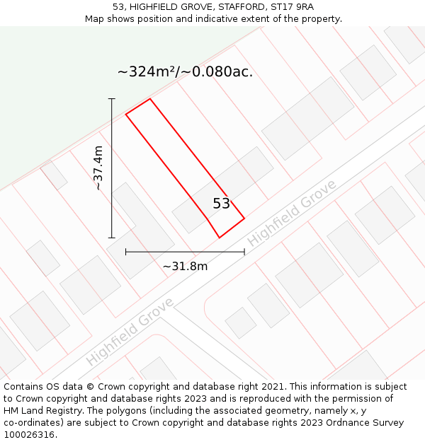 53, HIGHFIELD GROVE, STAFFORD, ST17 9RA: Plot and title map