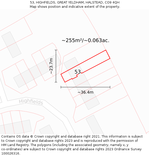53, HIGHFIELDS, GREAT YELDHAM, HALSTEAD, CO9 4QH: Plot and title map