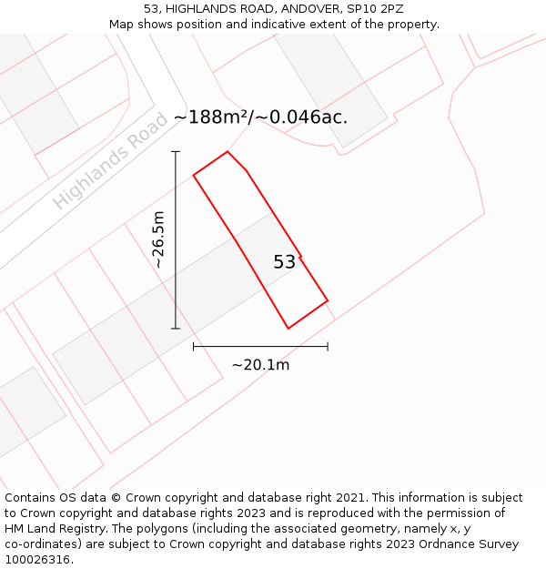 53, HIGHLANDS ROAD, ANDOVER, SP10 2PZ: Plot and title map