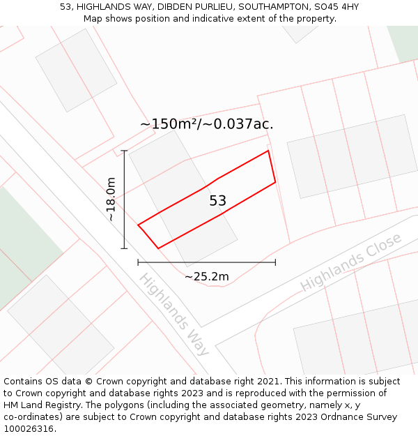 53, HIGHLANDS WAY, DIBDEN PURLIEU, SOUTHAMPTON, SO45 4HY: Plot and title map