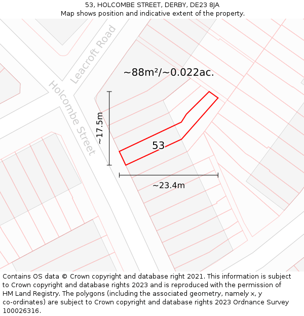 53, HOLCOMBE STREET, DERBY, DE23 8JA: Plot and title map