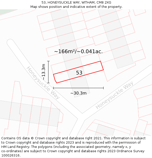 53, HONEYSUCKLE WAY, WITHAM, CM8 2XG: Plot and title map