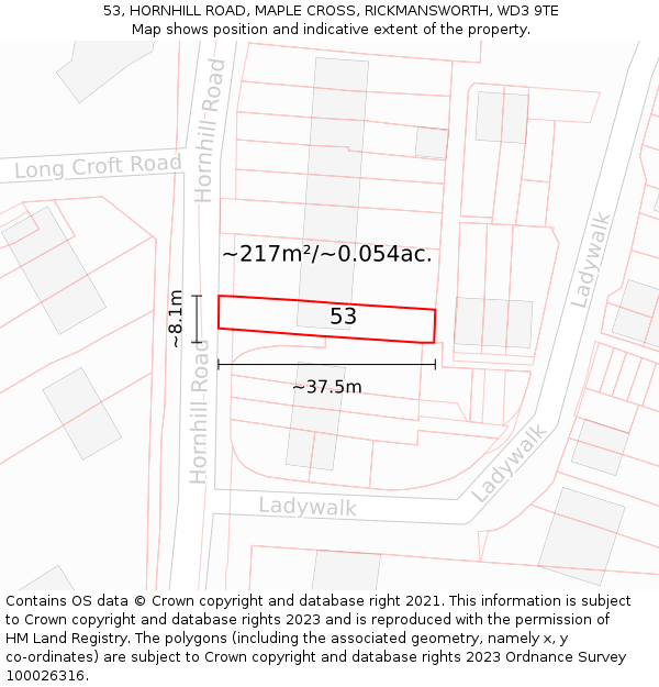 53, HORNHILL ROAD, MAPLE CROSS, RICKMANSWORTH, WD3 9TE: Plot and title map