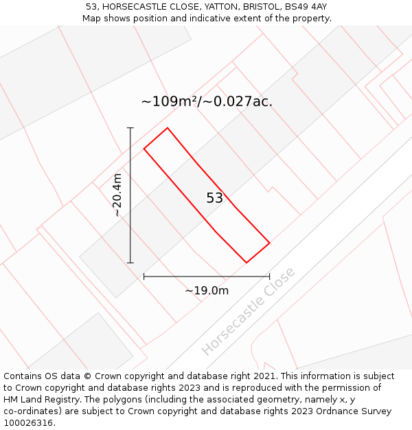 53, HORSECASTLE CLOSE, YATTON, BRISTOL, BS49 4AY: Plot and title map