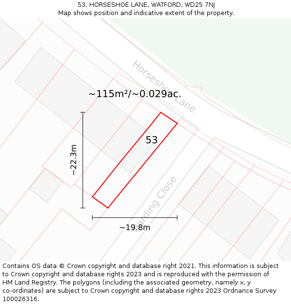53, HORSESHOE LANE, WATFORD, WD25 7NJ: Plot and title map