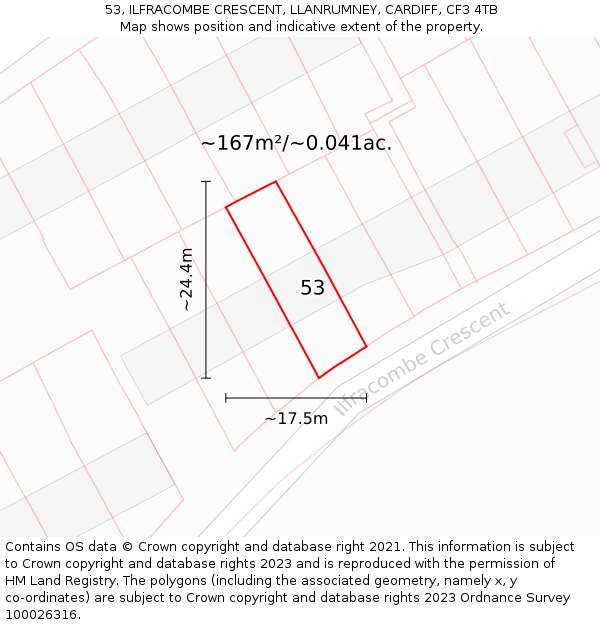 53, ILFRACOMBE CRESCENT, LLANRUMNEY, CARDIFF, CF3 4TB: Plot and title map
