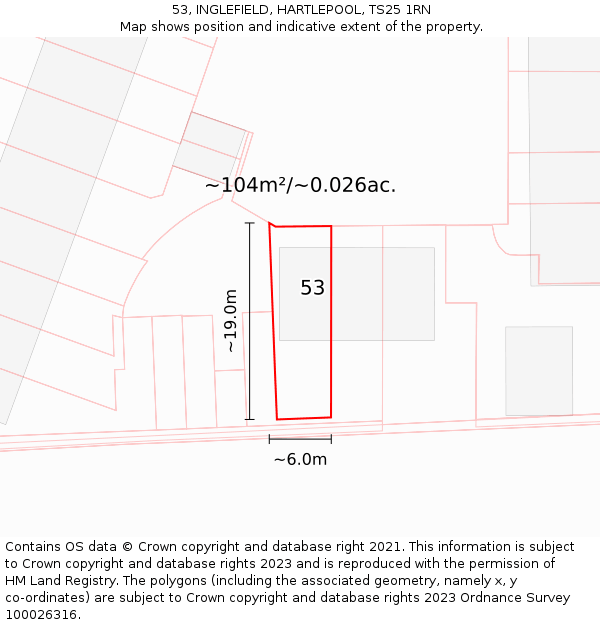 53, INGLEFIELD, HARTLEPOOL, TS25 1RN: Plot and title map