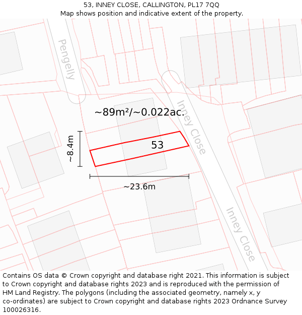 53, INNEY CLOSE, CALLINGTON, PL17 7QQ: Plot and title map
