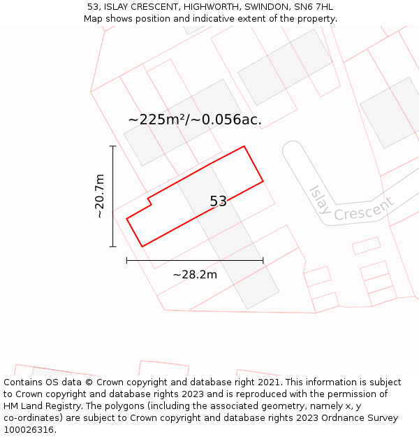 53, ISLAY CRESCENT, HIGHWORTH, SWINDON, SN6 7HL: Plot and title map