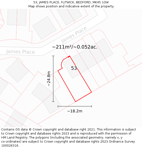 53, JAMES PLACE, FLITWICK, BEDFORD, MK45 1GW: Plot and title map