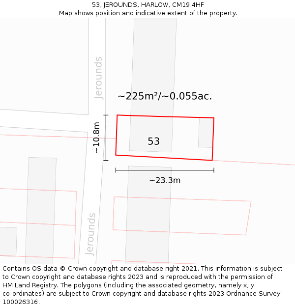 53, JEROUNDS, HARLOW, CM19 4HF: Plot and title map